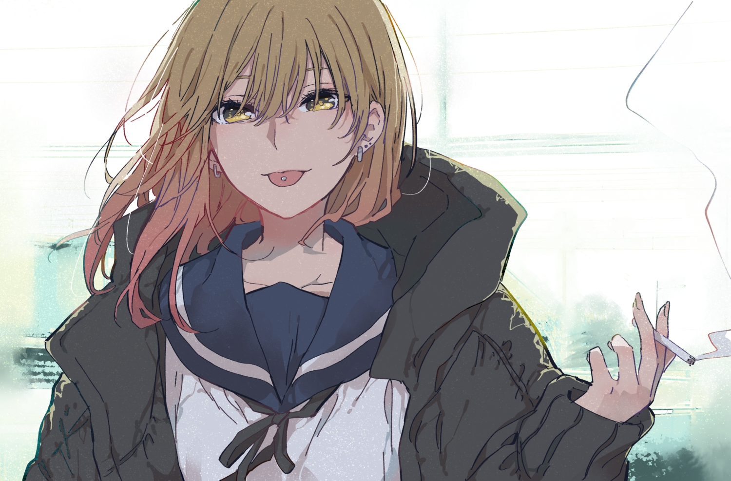 blonde_hair, cigarette, close, long_hair, monsieur, original, school_uniform, smoking, yellow_eyes