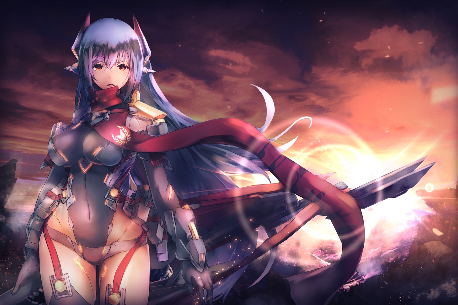 armor, blue_hair, bodysuit, breasts, clouds, elbow_gloves, garter_belt, gloves, hana_(xenoblade), long_hair, red_eyes, robot, sky, sunset, techgirl, weapon, xenoblade, yatai