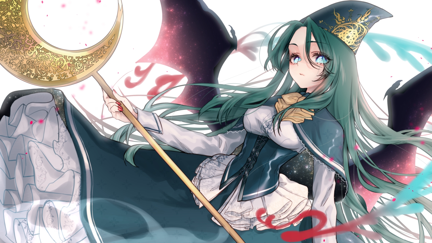 aqua_eyes, cape, corset, dress, green_hair, hat, lolita_fashion, long_hair