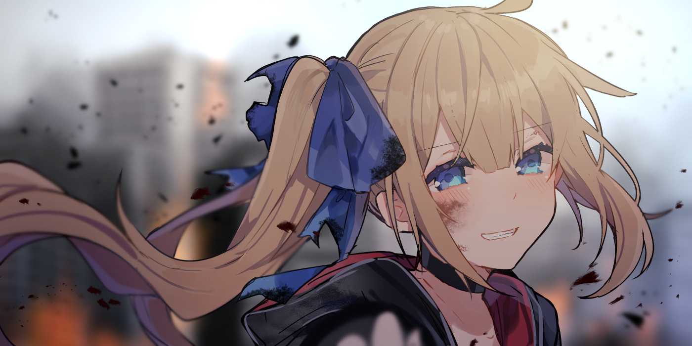anthropomorphism, aqua_eyes, blonde_hair, blush, bow, choker, close, fal_(girls_frontline)