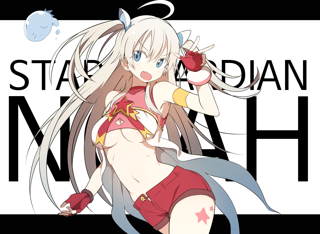 aliasing, blonde_hair, blue_eyes, blush, breasts, bural_chingu, fang, gloves, luke_(dydansgur), navel, no_bra, park_noah, shorts, tattoo, twintails, underboob