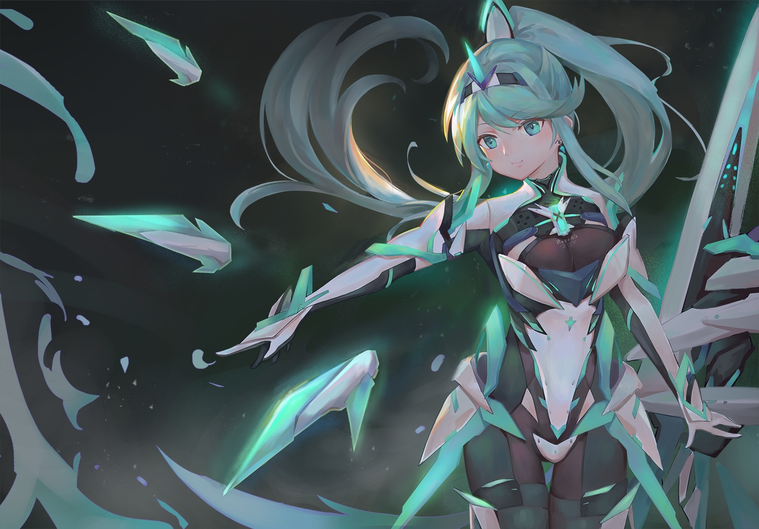 bodysuit, green, green_eyes, green_hair, kiiro_kimi, long_hair, pneuma_(xenoblade), ponytail, xenoblade