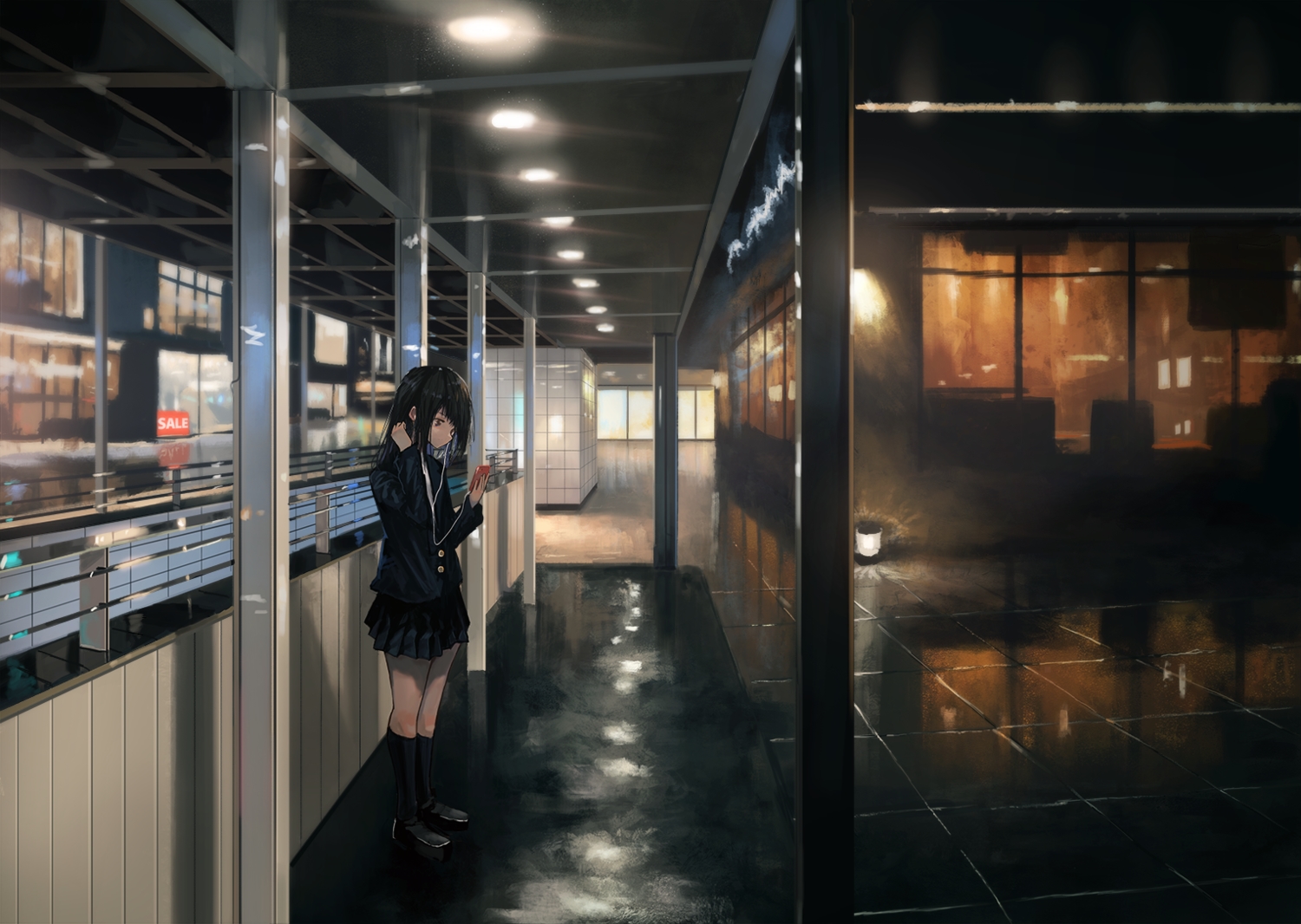 black_eyes, black_hair, headphones, kagumanikusu, kneehighs, long_hair, original, phone