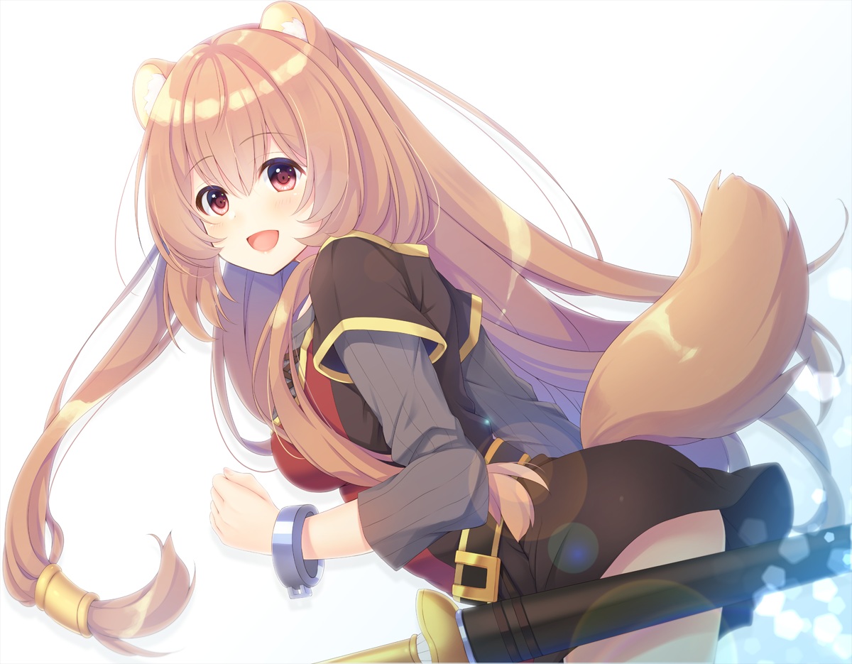 animal_ears, blush, brown_hair, long_hair, mizukoshi_mayu, pink_eyes, raphtalia, sword, tail, tate_no_yuusha_no_nariagari, weapon, wristwear