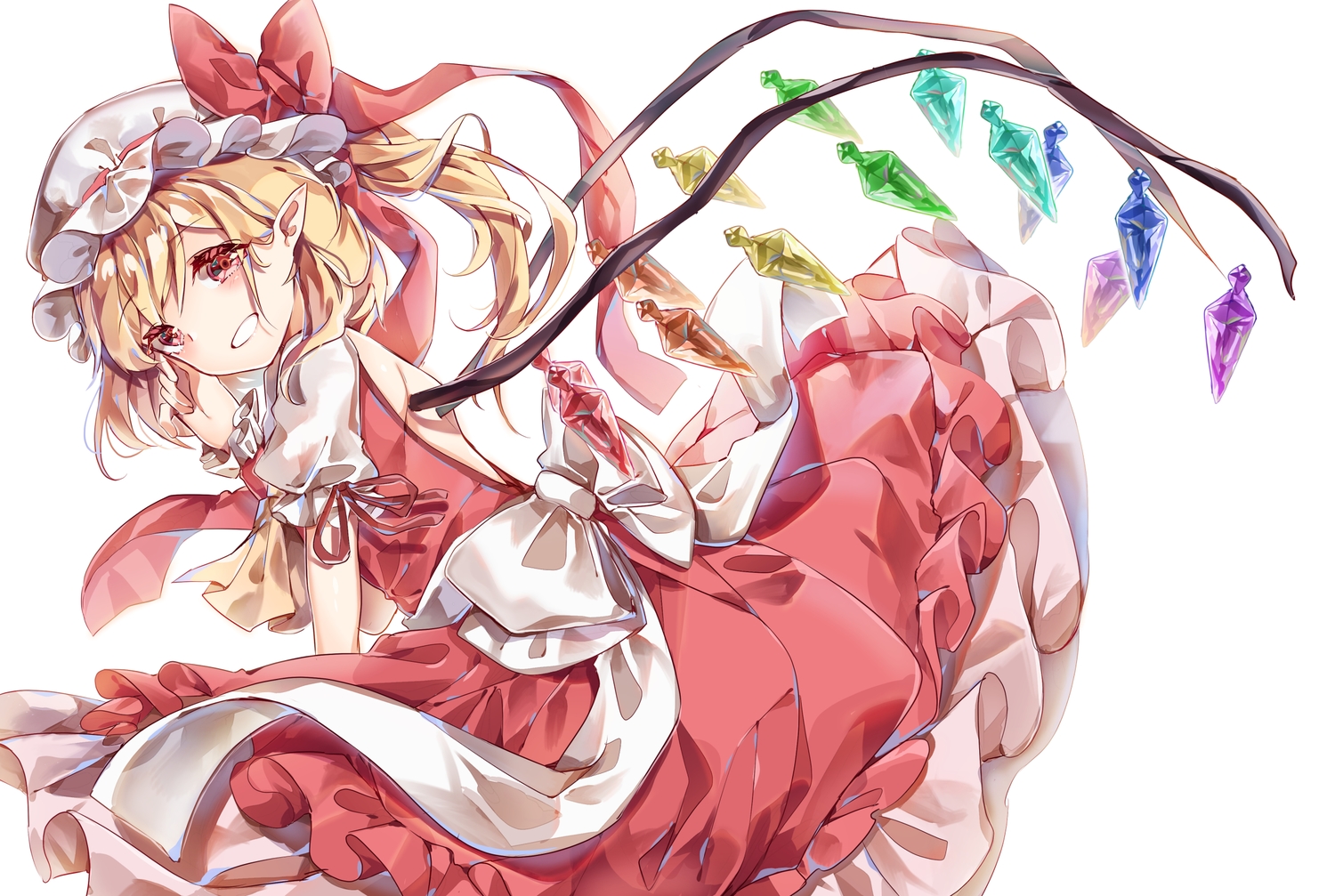 ayatsuki_sugure, blonde_hair, bow, dress, flandre_scarlet, hat, pointed_ears, red_eyes