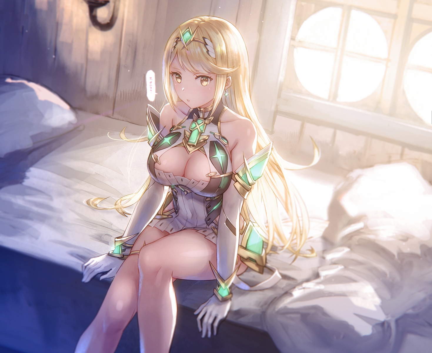 anbe_yoshirou, bed, blonde_hair, breasts, cleavage, dress, elbow_gloves, garter