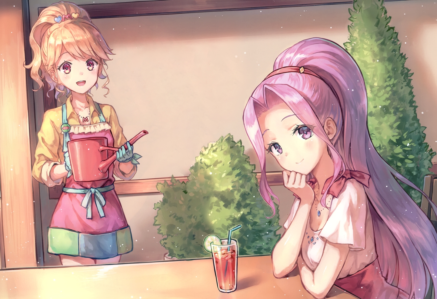 2girls, aikatsu!, blonde_hair, blush, bow, drink, gloves, hiten_(hitenkei)