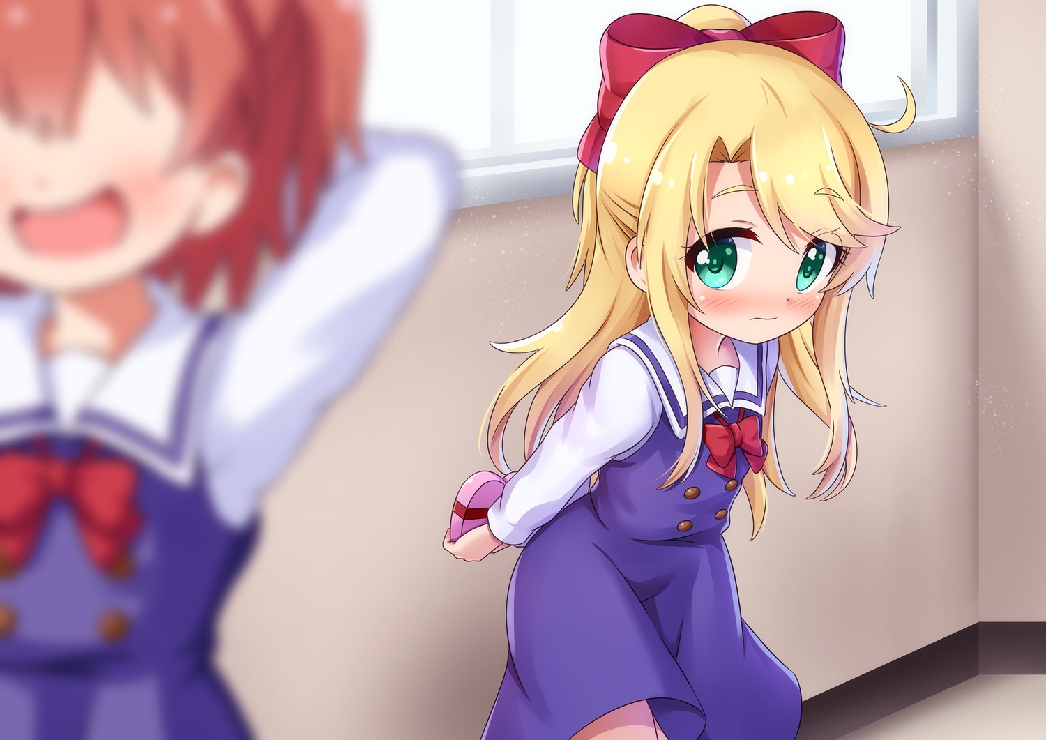 2girls, blonde_hair, blush, bow, brown_hair, dress, green_eyes, himesaka_noa
