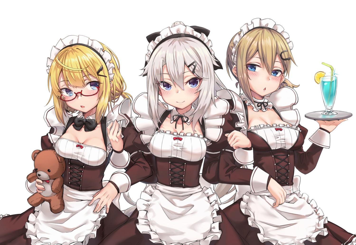 9a-91_(girls_frontline), ak-74u_(girls_frontline), anthropomorphism, apron, aqua_eyes, as_val_(girls_frontline), blonde_hair, blue_eyes, blush, bow, breasts, brown_hair, cleavage, corset, drink, girls_frontline, glasses, gray_hair, headdress, ivan_wang, long_hair, maid, ponytail, short_hair, teddy_bear, wristwear