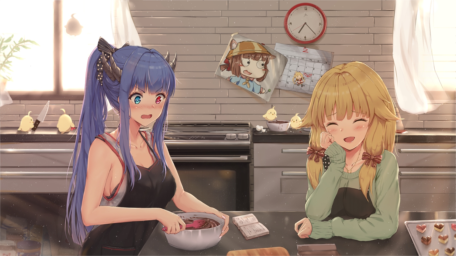 2girls, animal, anthropomorphism, apron, aurora_(azur_lane), azur_lane, bicolored_eyes, bird