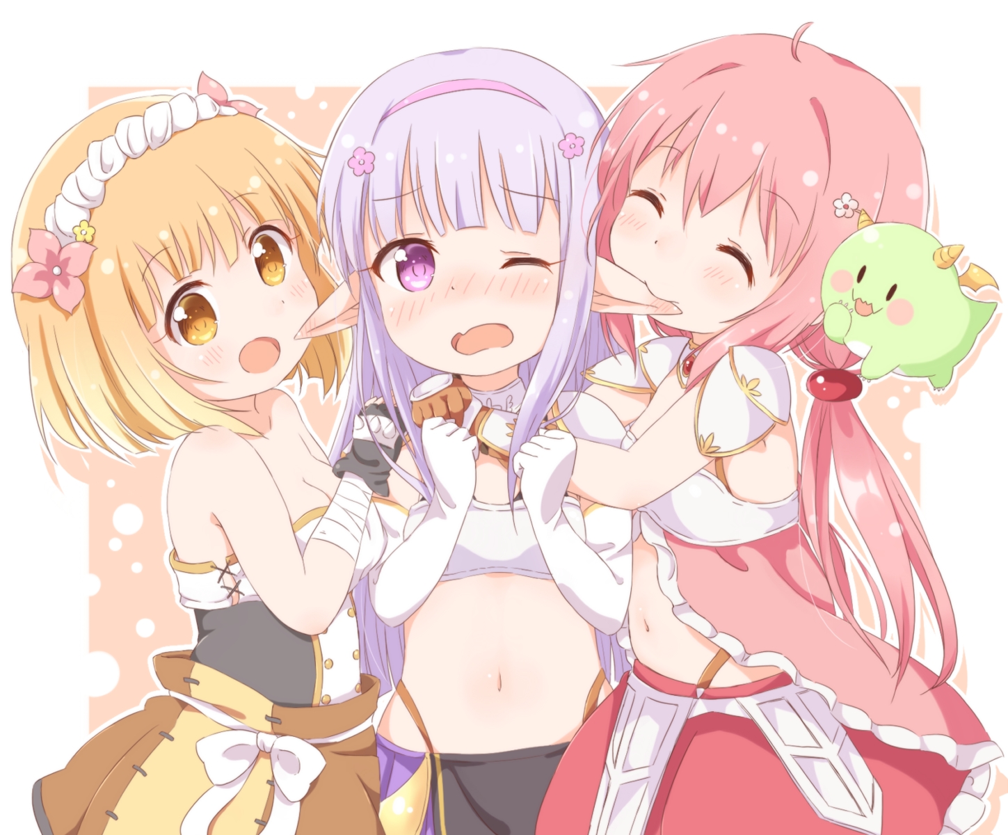 araki495, armor, bandage, blonde_hair, blush, bow, breasts, cleavage, cropped, dragon, elnowar_seylan, endro!, fai_fai, gloves, headband, loli, long_hair, navel, pink_hair, pointed_ears, purple_eyes, purple_hair, rona_pricipa_o_rabanesta, short_hair, shoujo_ai, skirt, twintails, wink, yellow_eyes