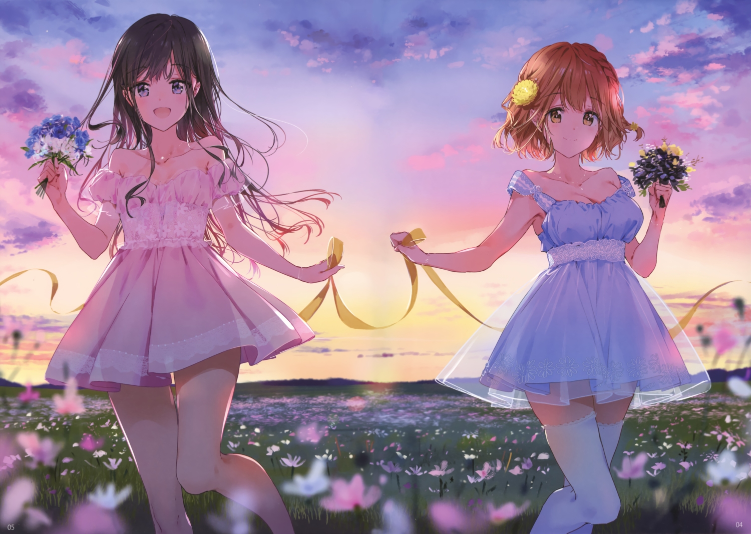 2girls, adagaki_aki, blue_eyes, braids, breasts, brown_hair, cleavage, clouds
