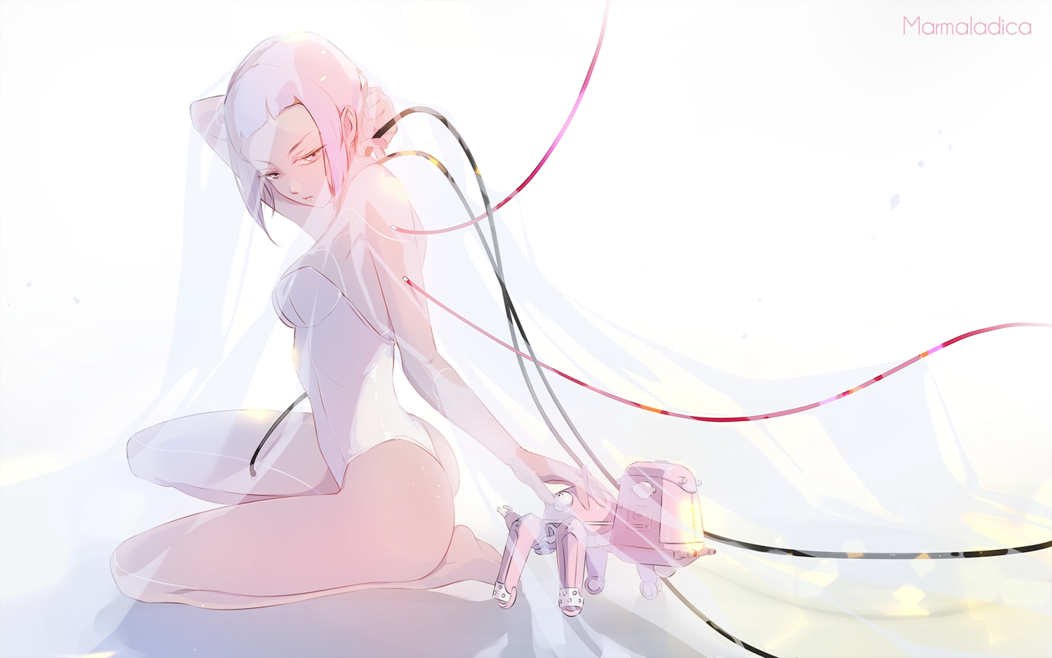 ass, barefoot, bodysuit, breasts, ghost_in_the_shell, kusanagi_motoko, marmalade_(elfless_vanilla), pink_eyes