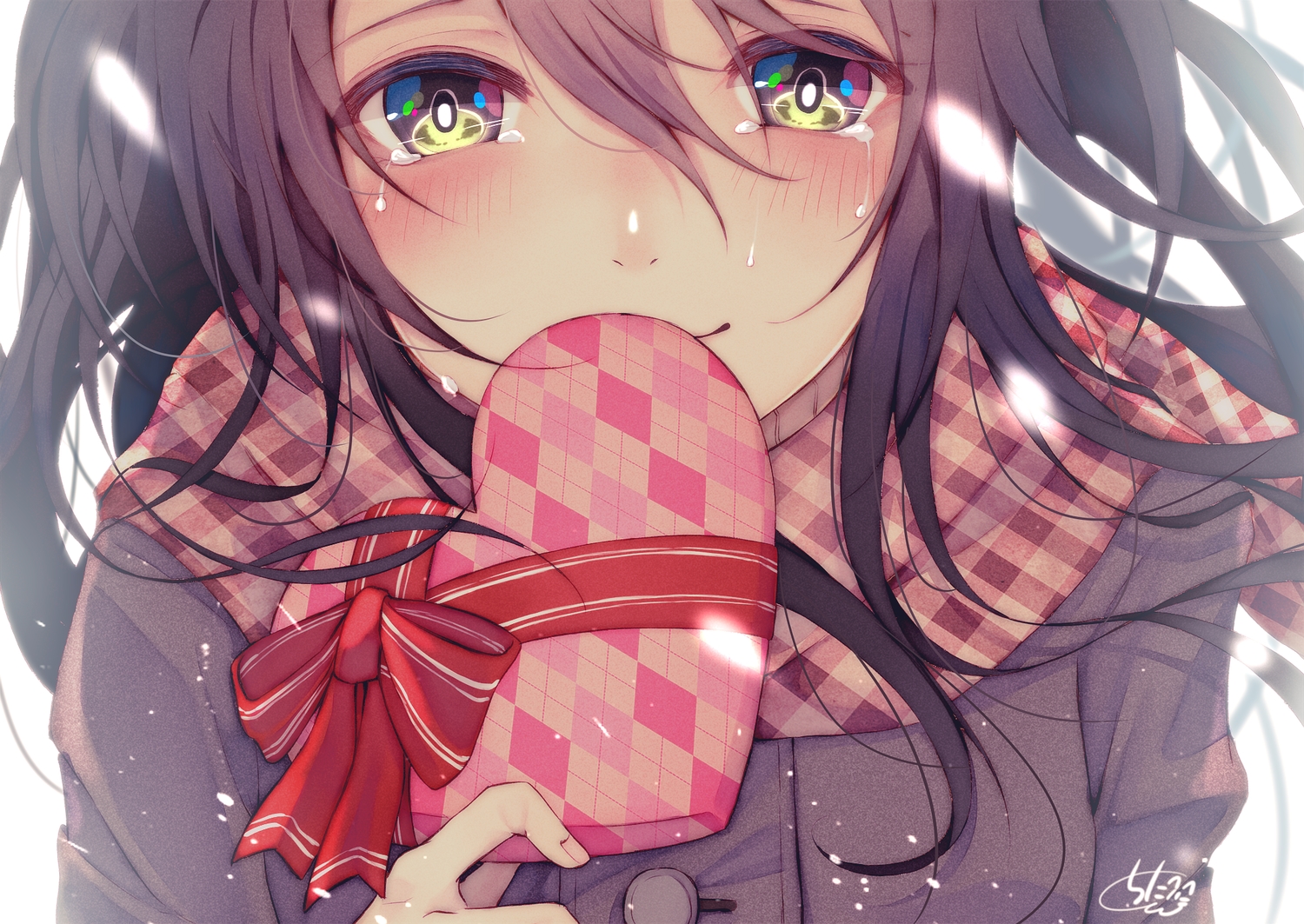 black_hair, blush, chita_(ketchup), close, long_hair, original, scarf, tears
