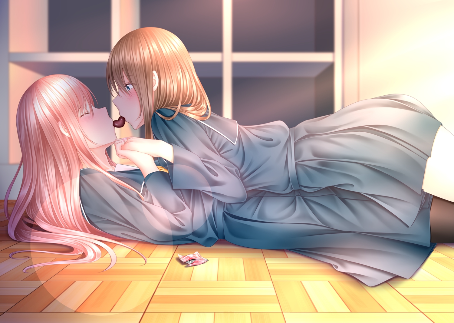 2girls, blue_eyes, candy, chocolate, long_hair, naginagiwaffle, original, pink_hair, school_uniform, shoujo_ai, valentine