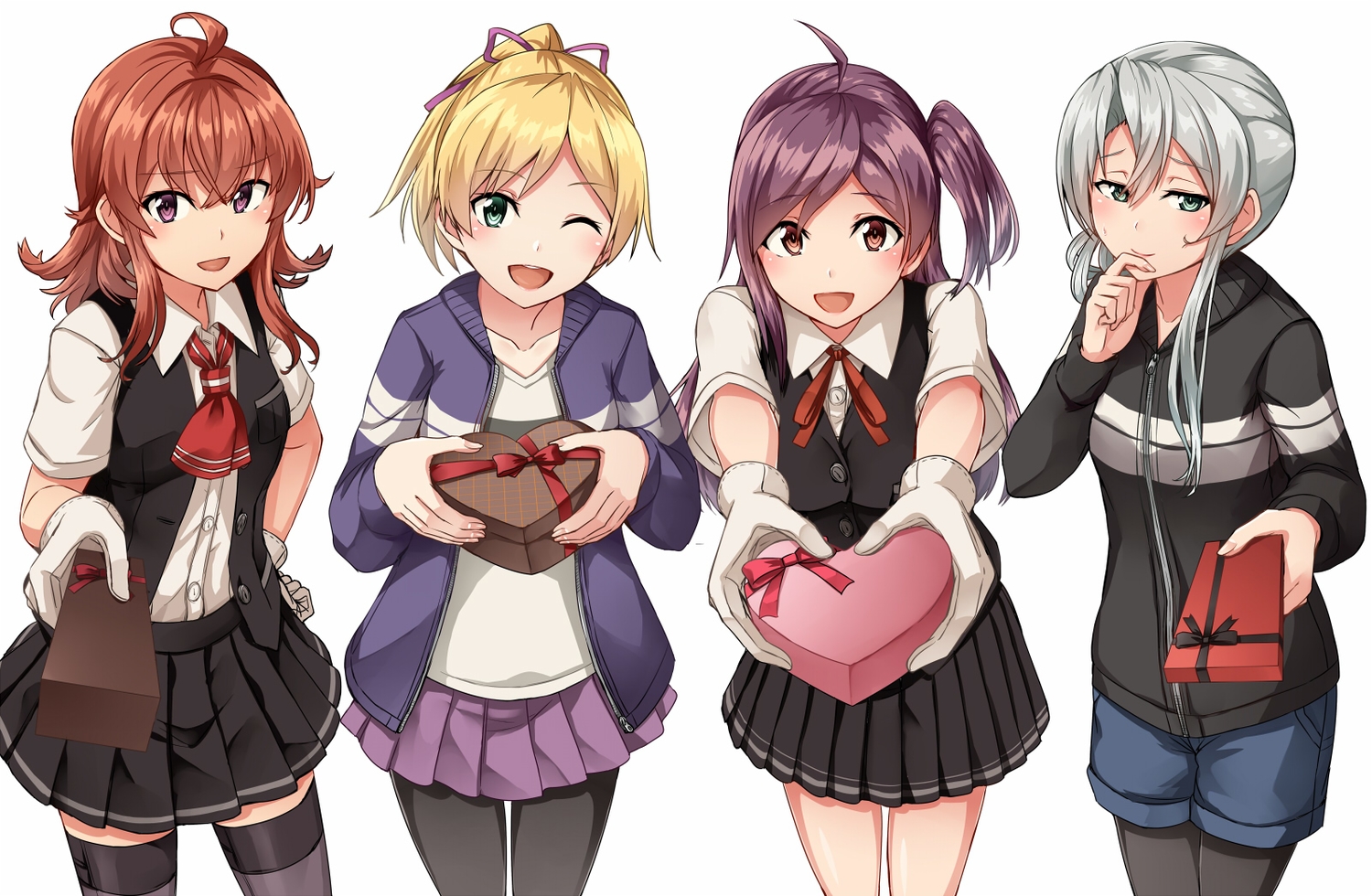 anthropomorphism, arashi_(kancolle), blonde_hair, bow, brown_hair, gloves, gray_hair, green_eyes