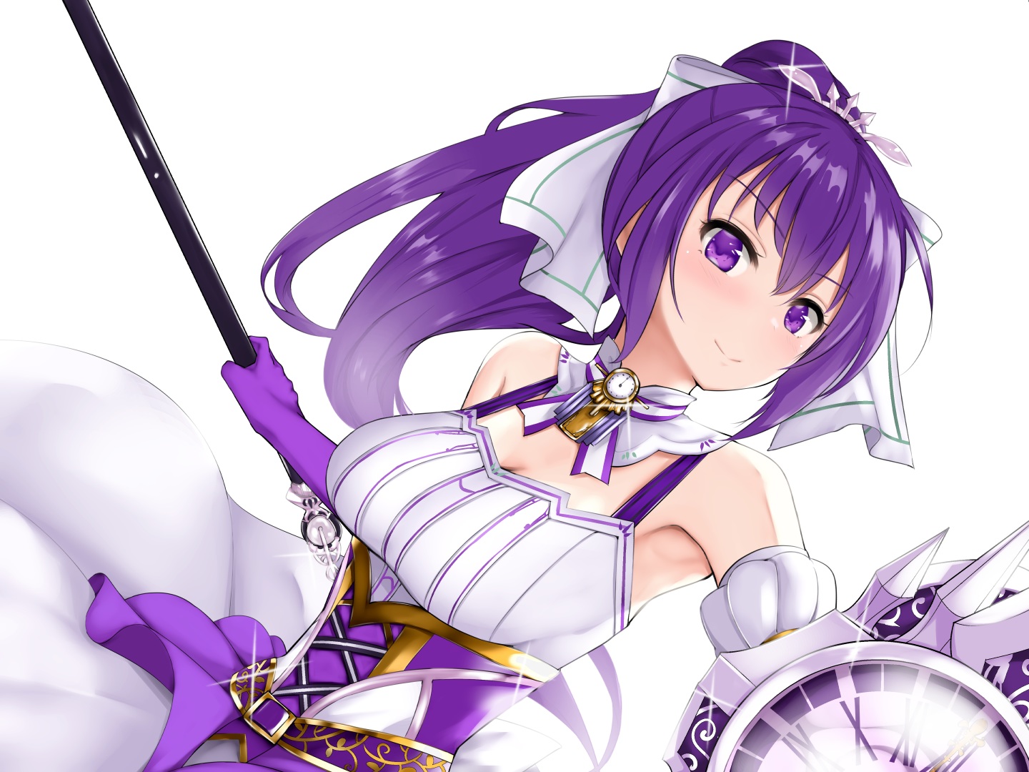 armor, blush, breasts, gochuumon_wa_usagi_desu_ka?, long_hair, ponytail, purple_eyes, purple_hair