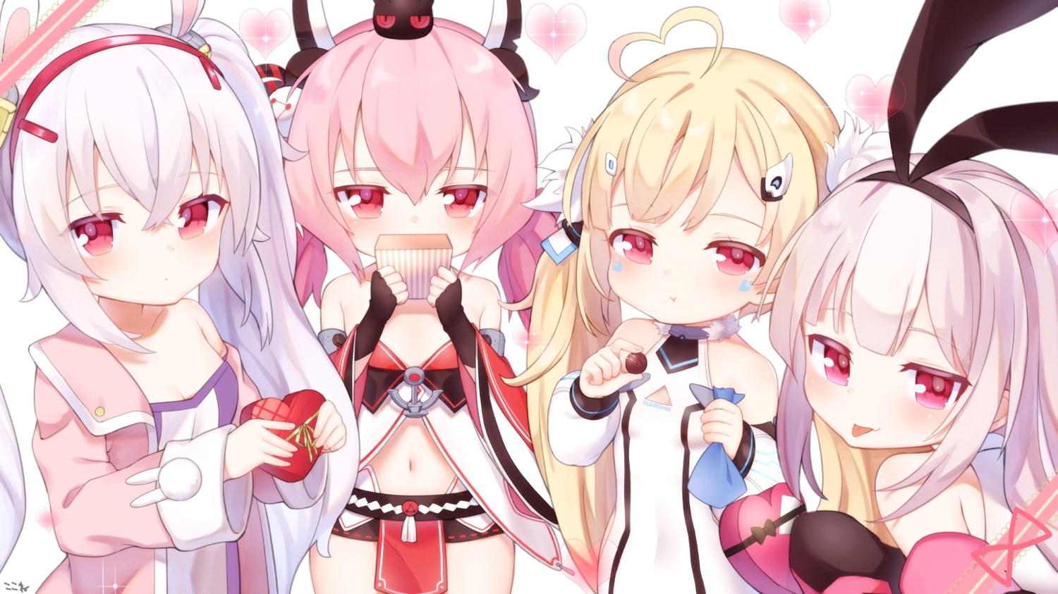 anthropomorphism, azur_lane, blonde_hair, candy, chocolate, eldridge_(azur_lane), gray_hair, group, hamakaze_(azur_lane), hobby_(azur_lane), koko_ne, laffey_(azur_lane), loli, long_hair, pink_hair, red_eyes, signed, valentine