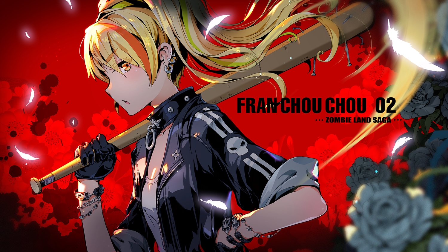 baseball_bat, blonde_hair, choker, feathers, flowers, gloves, long_hair, nikaidou_saki, pcw, ponytail, red, rose, wristwear, yellow_eyes, zombie_land_saga