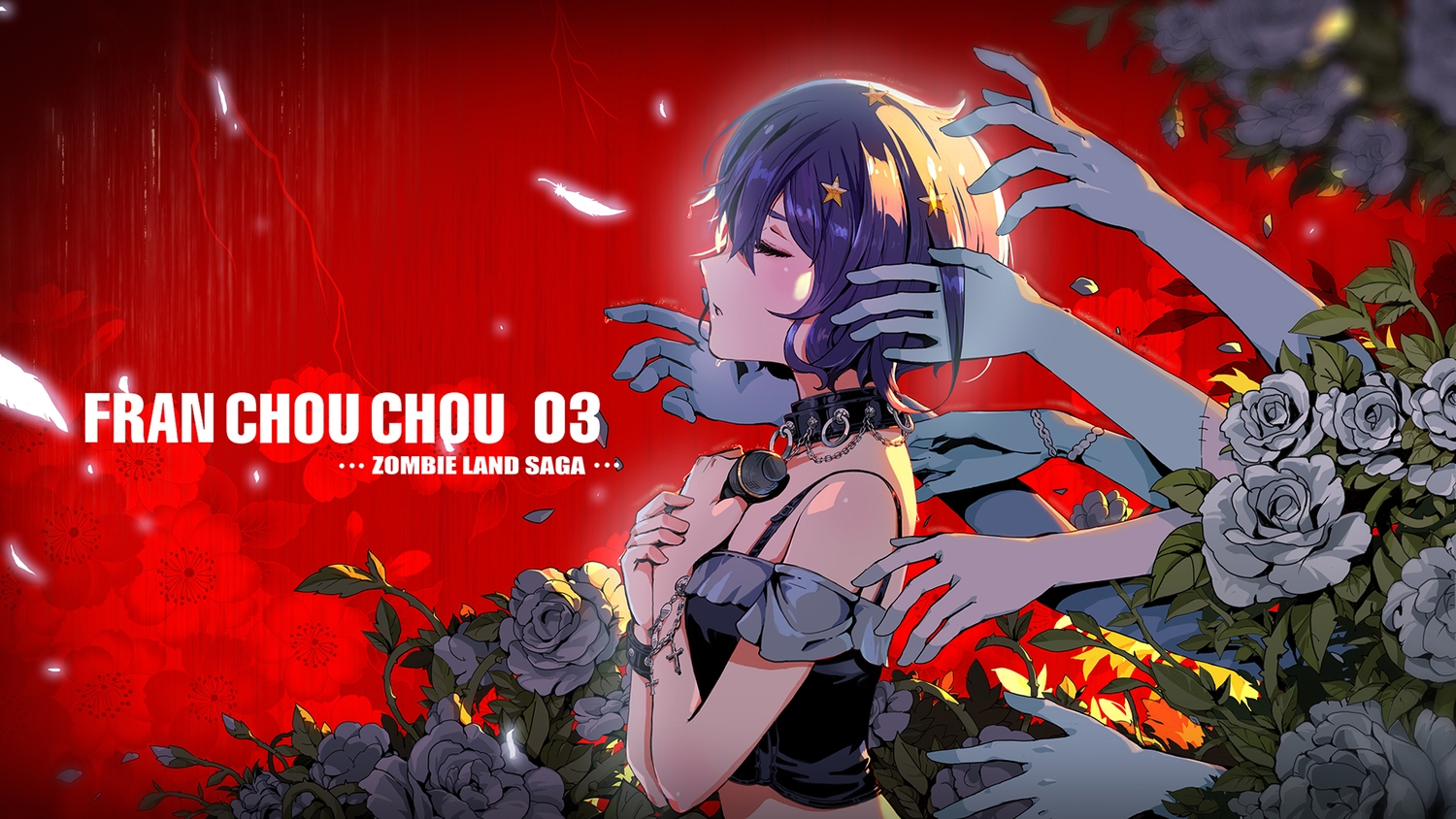 blue_hair, collar, feathers, flowers, microphone, mizuno_ai, pcw, red