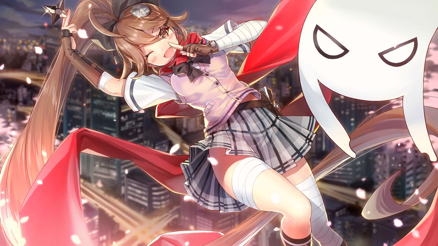 bandage, blush, bow, brown_eyes, brown_hair, building, city, gegege_no_kitaro, ittan-momen, kagachi_saku, ninja, petals, ponytail, scarf, school_uniform, skirt, weapon, wink