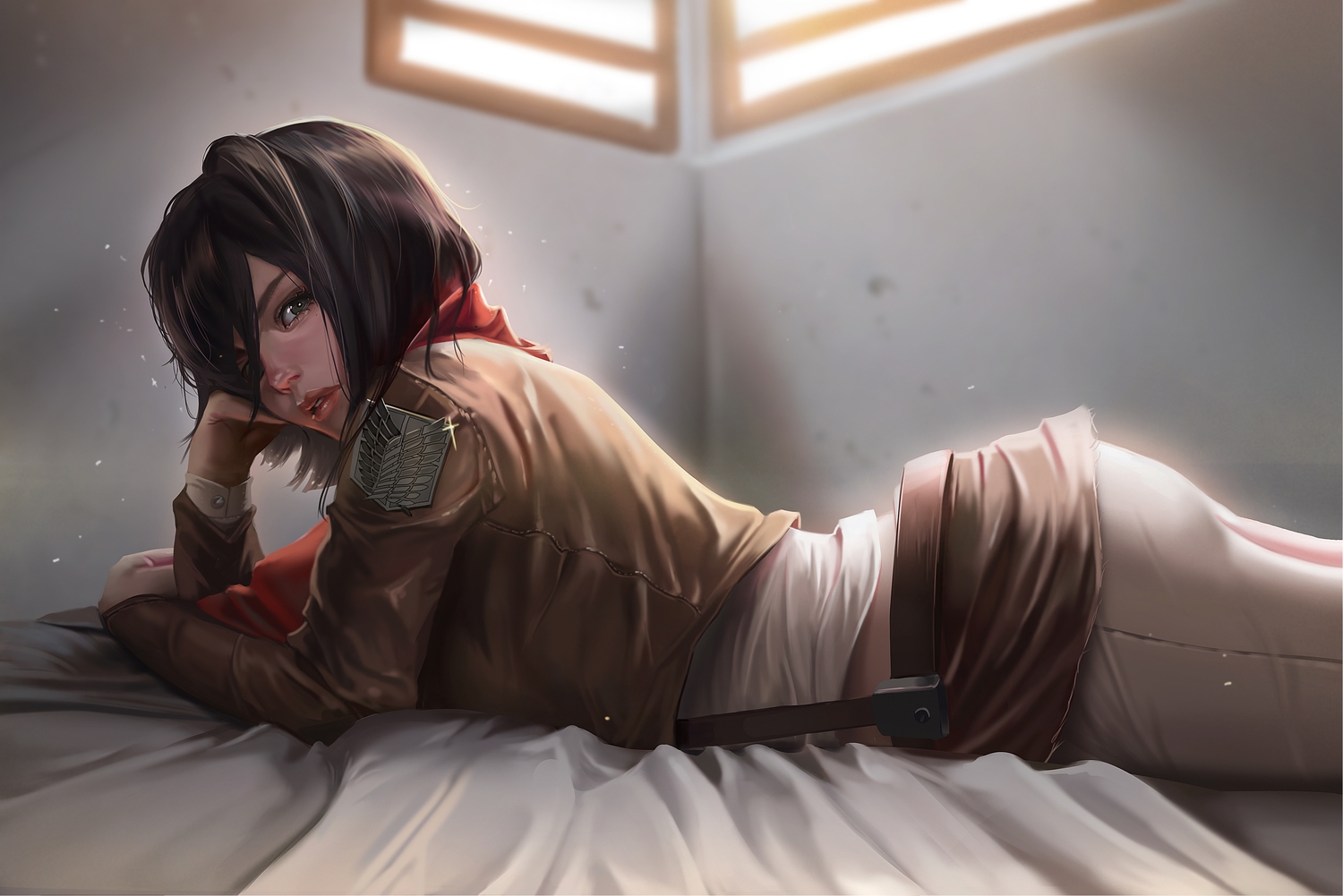 black_eyes, black_hair, hoo_bamon, mikasa_ackerman, realistic, scarf, shingeki_no_kyojin, short_hair