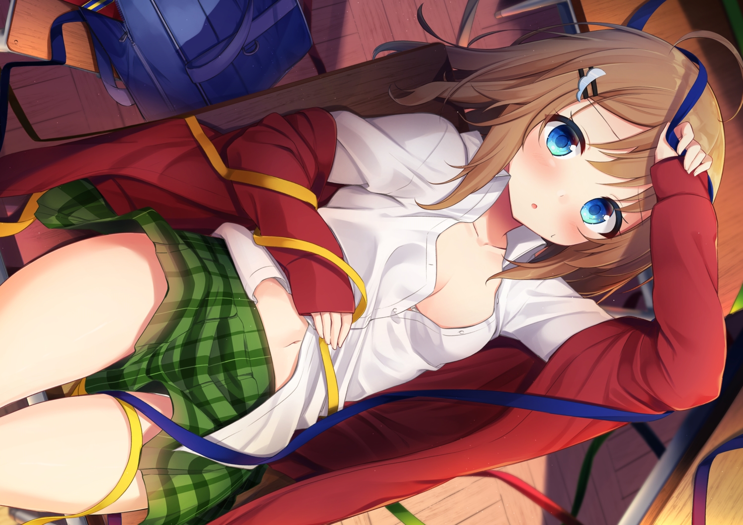 aqua_eyes, blush, breasts, brown_hair, cleavage, navel, open_shirt, original