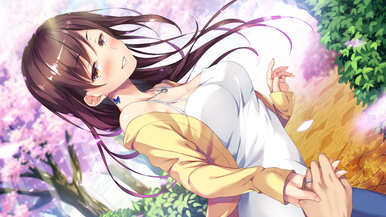 ayase_hazuki, blush, brown_eyes, brown_hair, candysoft, cherry_blossoms, dress, flowers, game_cg, hachimitsu_soft, knot_fiction!, long_hair, narumiya_chisa, necklace, tree