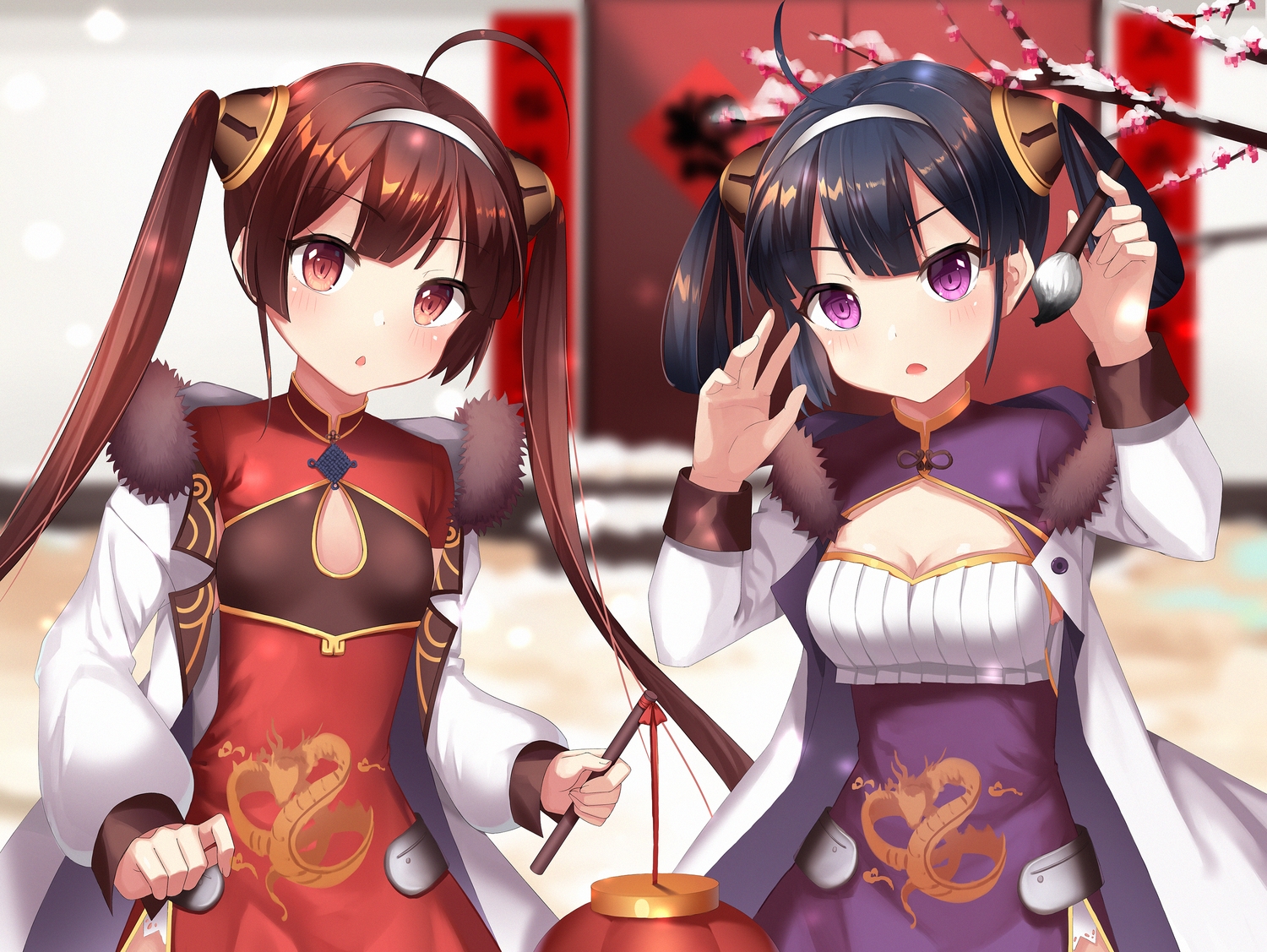2girls, anthropomorphism, azur_lane, blue_eyes, brown_hair, chinese_clothes, chinese_dress, dress, long_hair, ning_hai_(azur_lane), ping_hai_(azur_lane), red_eyes, shinkai_kokoa, twintails