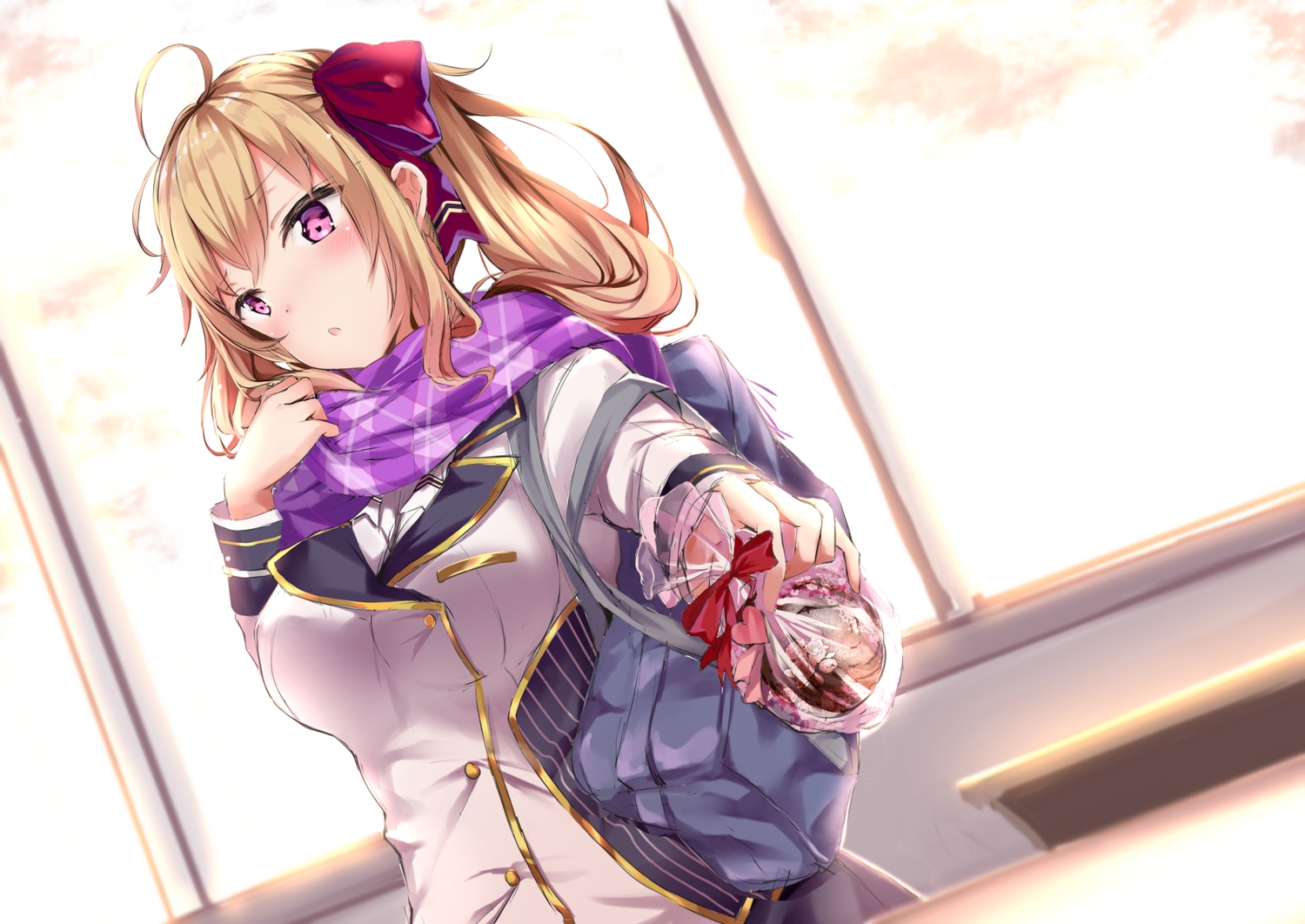 blonde_hair, long_hair, nijisanji, ponytail, purple_eyes, scarf, school_uniform, takamiya_rion