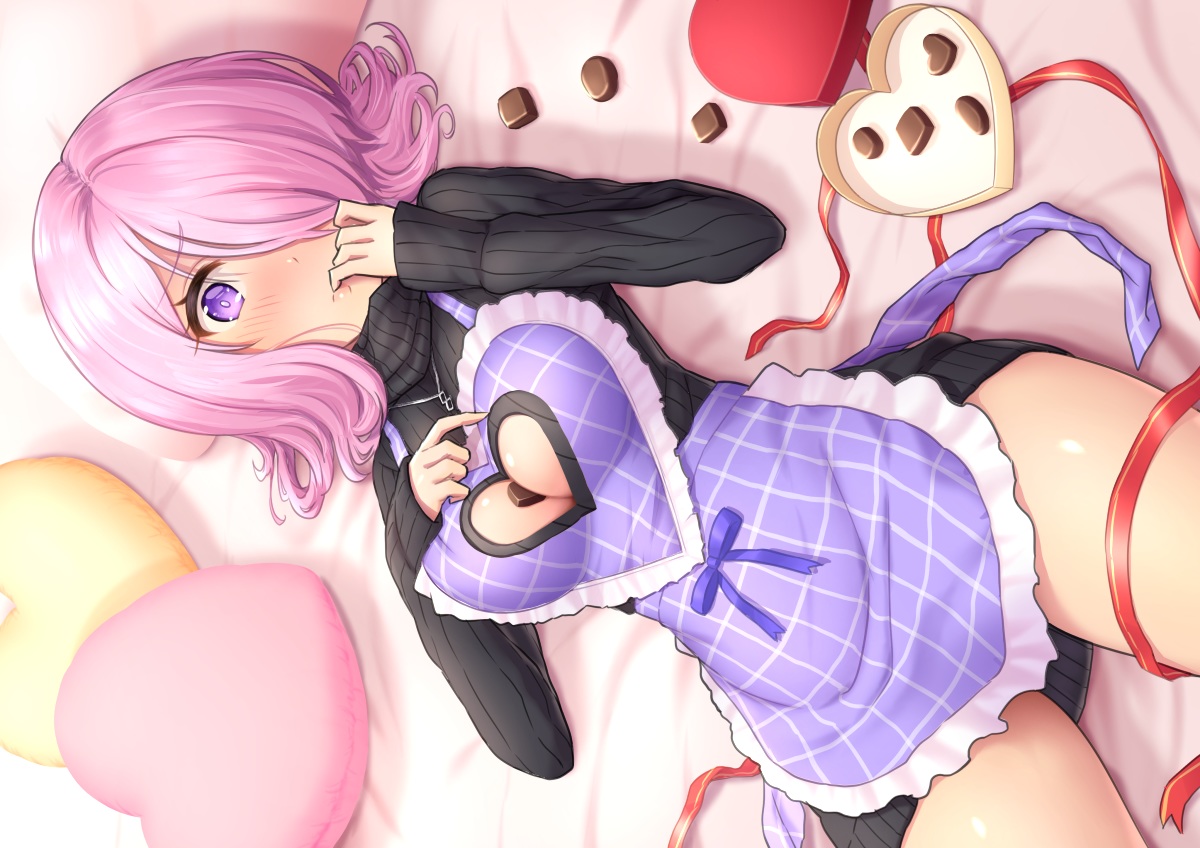 apron, bed, blush, breasts, candy, chocolate, cleavage, dress