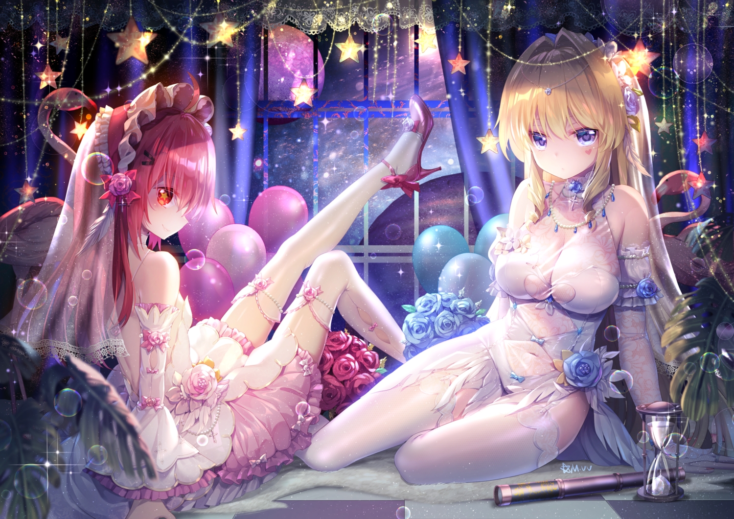 2girls, bicolored_eyes, blonde_hair, bow, breasts, bubbles, choker, cleavage, cross, delores_(mvv), elbow_gloves, feathers, flowers, garter, garter_belt, gloves, headdress, lolita_fashion, long_hair, moon, mvv, navel, necklace, night, original, red_eyes, red_hair, rose, see_through, signed, stockings, tattoo, thighhighs, vivian_(mvv), wedding_attire, zettai_ryouiki