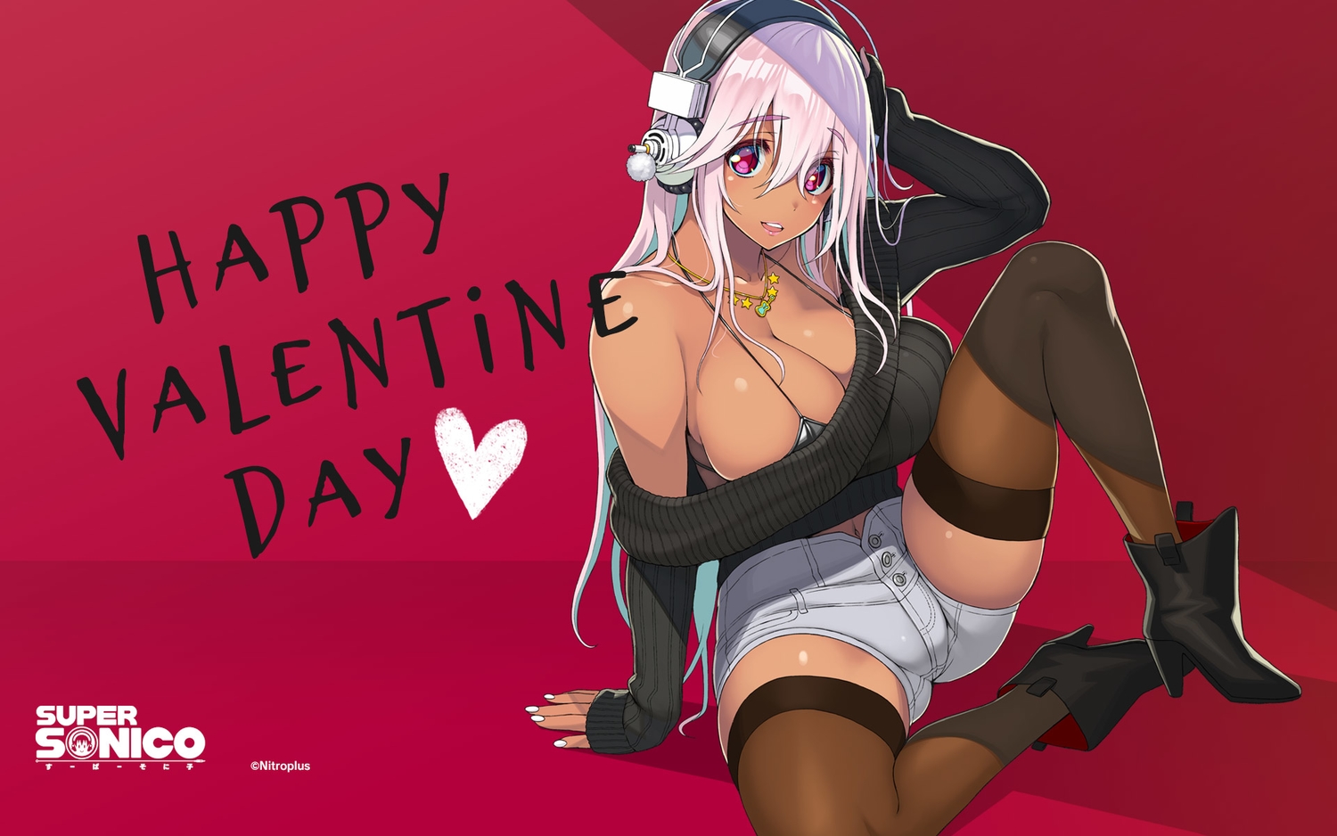 boots, breasts, cleavage, dark_skin, headphones, long_hair, nitroplus, pink_eyes