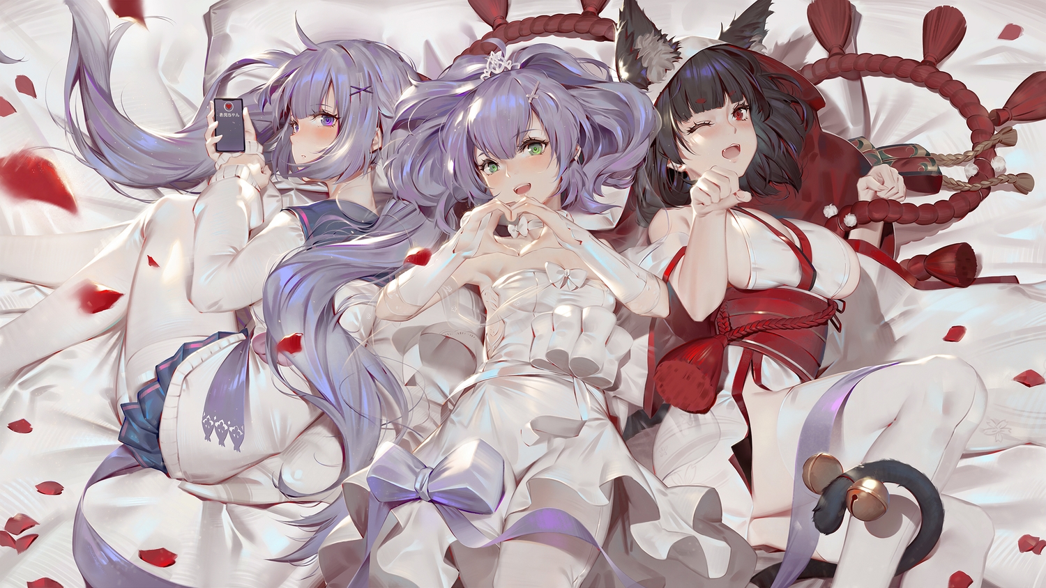 animal_ears, anthropomorphism, azur_lane, bell, black_hair, bow, breasts, catgirl, cat_smile, cleavage, dress, fang, green_eyes, group, japanese_clothes, javelin_(azur_lane), long_hair, pantyhose, phone, purple_eyes, purple_hair, red_eyes, rope, school_uniform, tail, toriumi_harumi, unicorn_(azur_lane), wink, yamashiro_(azur_lane)