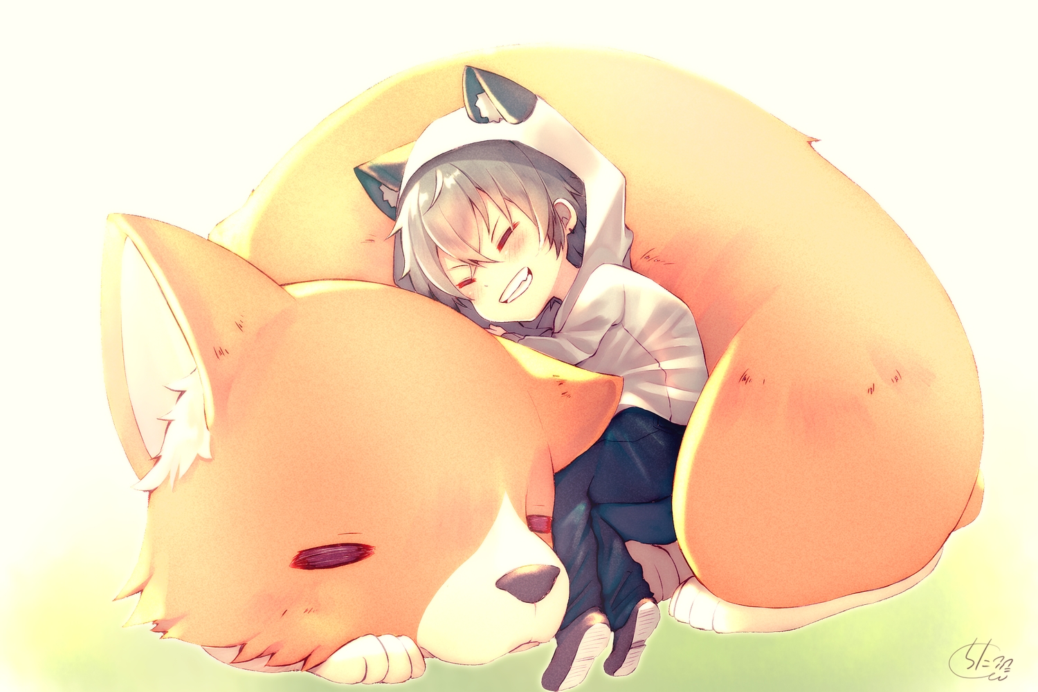 all_male, animal, animal_ears, blush, chita_(ketchup), ensemble_stars!, fox, gray_hair, hood, male, oogami_kouga, short_hair, signed