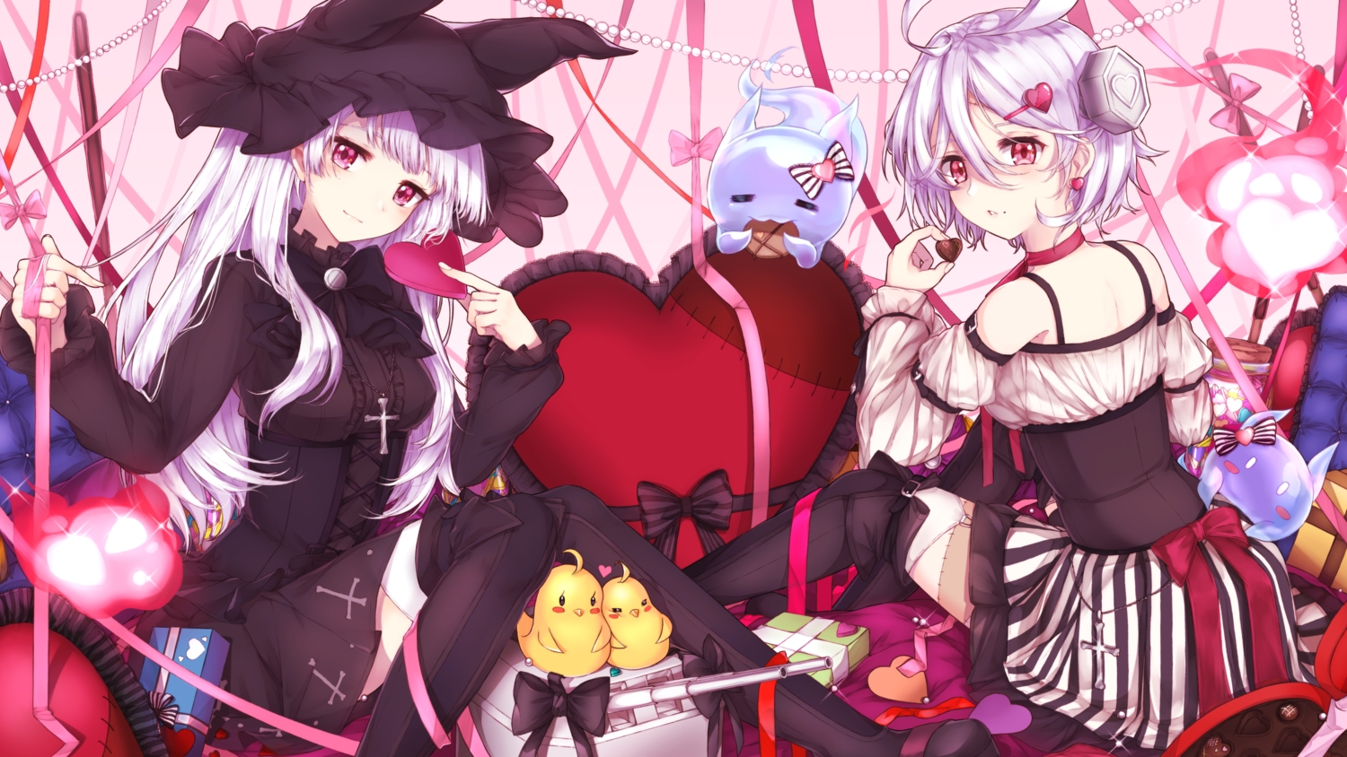 2girls, anthropomorphism, azur_lane, bow, corset, cross, dress, erebus_(azur_lane), goth-loli, hat, heart, lolita_fashion, long_hair, manjuu_(azur_lane), pink_eyes, red_eyes, resuta, ribbons, short_hair, terror_(azur_lane), thighhighs, valentine, white_hair