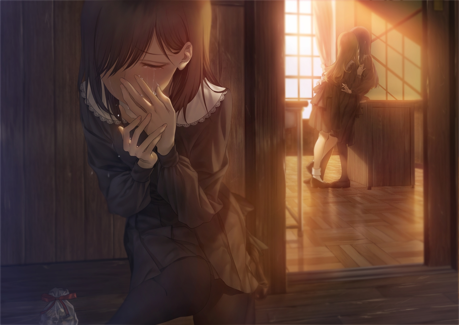 asaba0327, brown_hair, crying, kiss, original, pantyhose, school_uniform, short_hair, shoujo_ai, skirt, tears, valentine