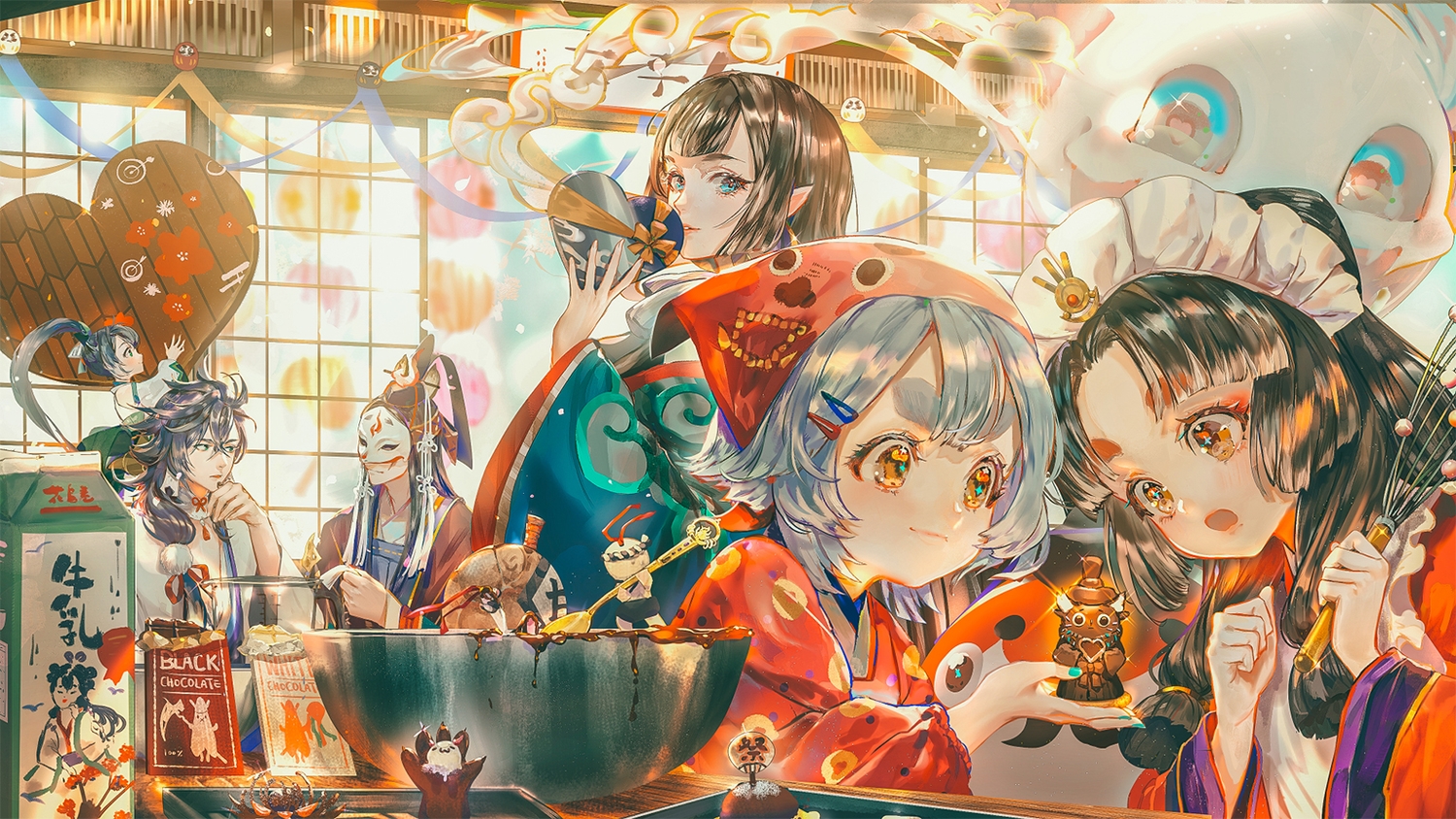 aqua_eyes, black_hair, brown_eyes, candy, chocolate, enenra_(onmyouji), gray_hair, group, hat, hotarugusa_(onmyouji), kaguyahime_(onmyouji), kingyohime_(onmyouji), loli, long_hair, male, mask, onmyouji, pointed_ears, ponytail, say_hana, susabi_(onmyouji), tamamo_no_mae_(onmyouji), valentine