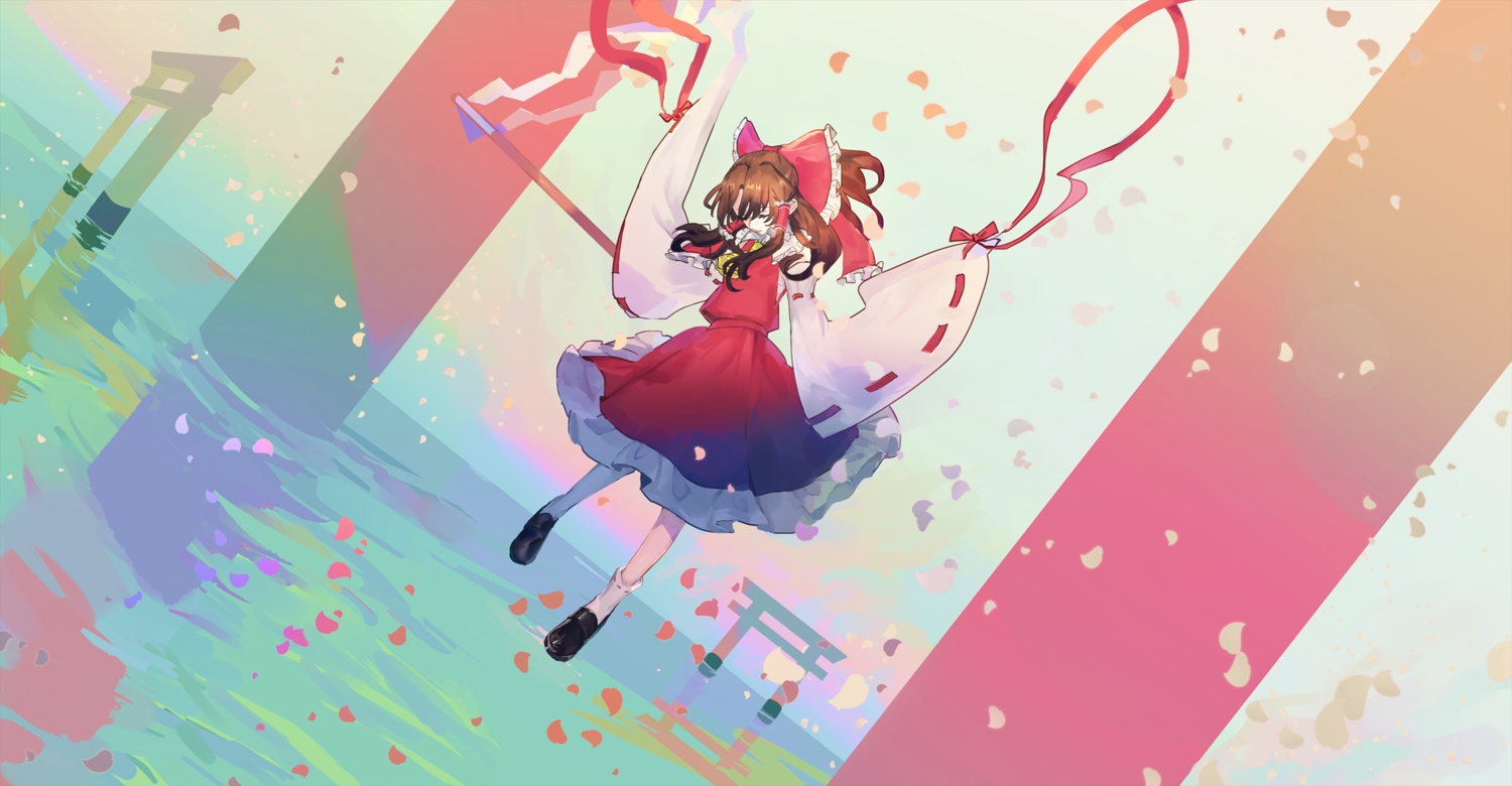 brown_hair, hakurei_reimu, japanese_clothes, kotaro-nosuke, long_hair, miko, petals, reflection, socks, torii, touhou, water