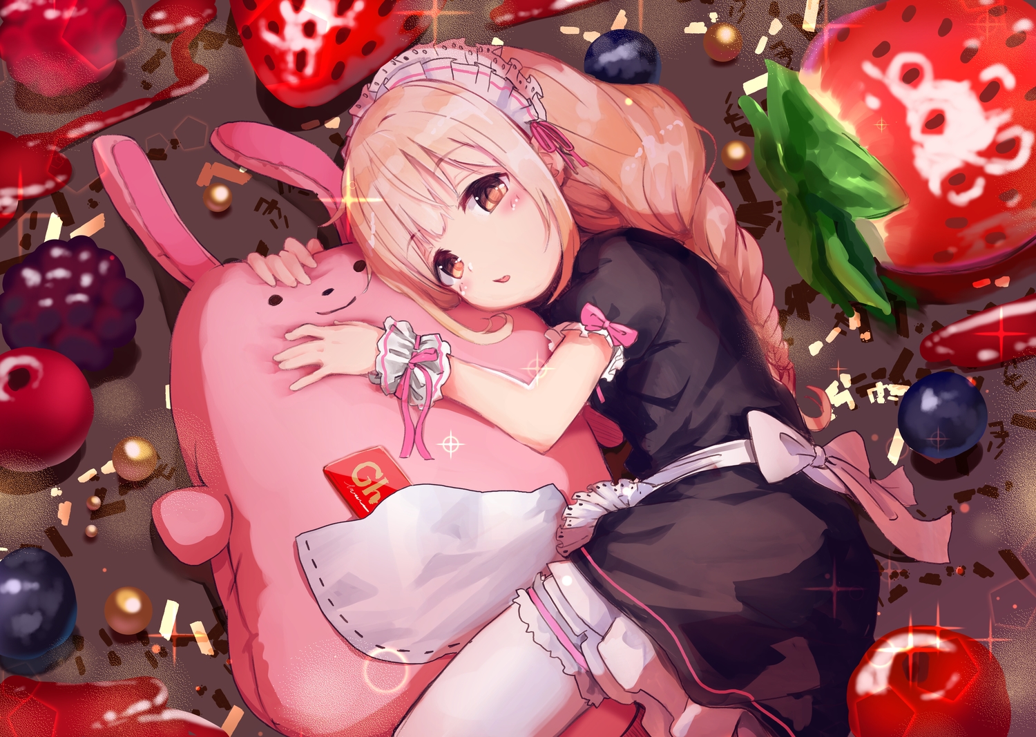 apron, blonde_hair, blush, braids, brown_eyes, bunny, candy, food, fruit, futaba_anzu, greatpengh, idolmaster, idolmaster_cinderella_girls, loli, long_hair, maid, strawberry