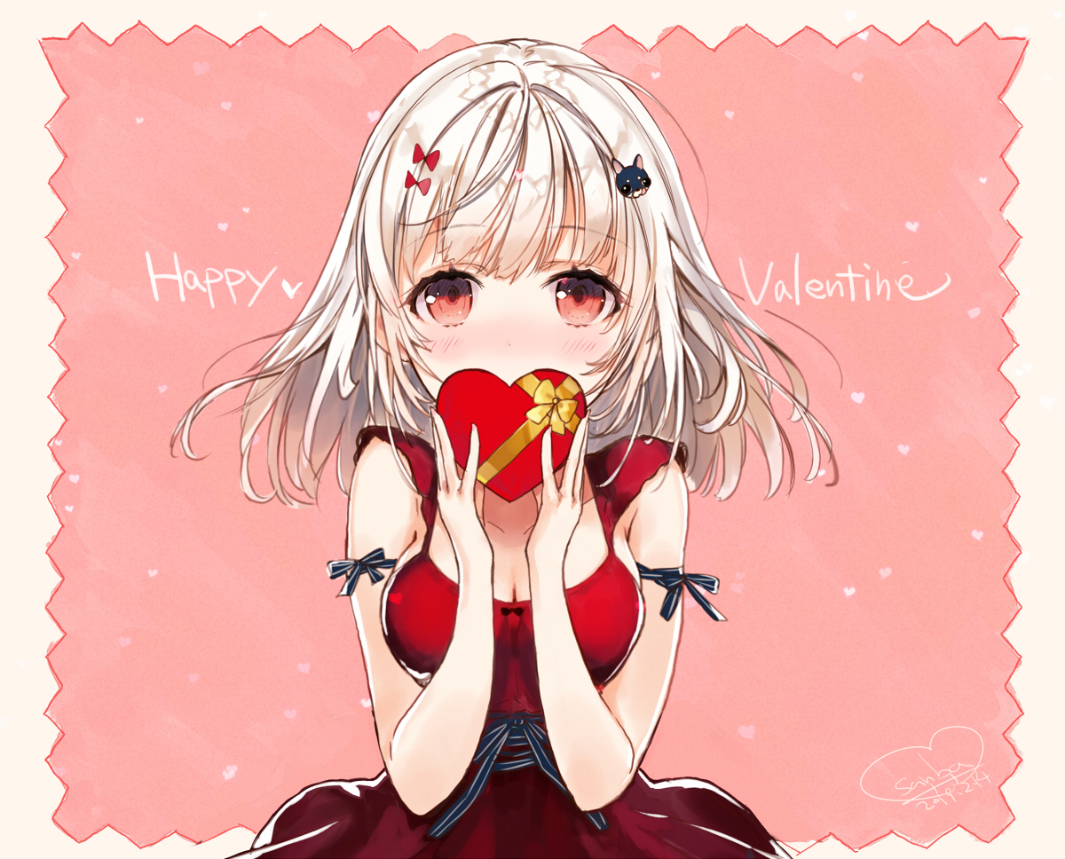 blush, breasts, cleavage, dress, gray_hair, original, red_eyes, sanbasou