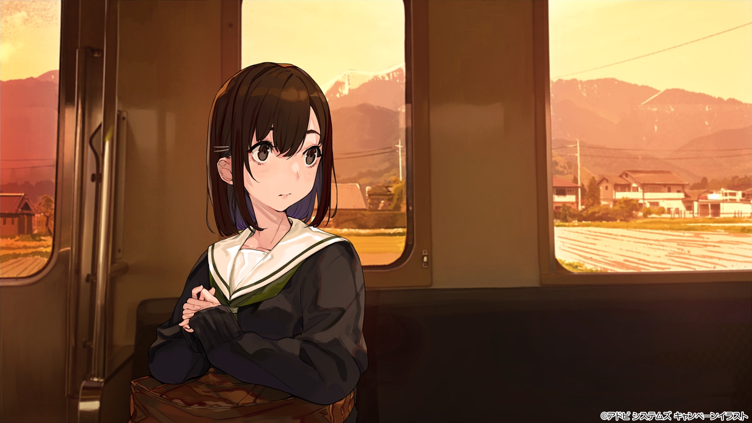 brown_eyes, brown_hair, original, scenic, school_uniform, short_hair, sunset, train, yuu_(higashi_no_penguin)
