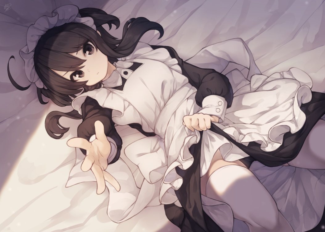 apron, brown_eyes, brown_hair, dress, long_hair, maid, natsuki_teru, original, panties, thighhighs, underwear