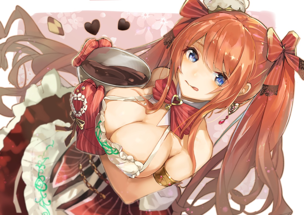 alice_(sennen_sensou_aigis), blue_eyes, breast_hold, breasts, candy, chocolate, cleavage, cruel_gz, dress, gloves, heart, long_hair, orange_hair, sennen_sensou_aigis, twintails, valentine