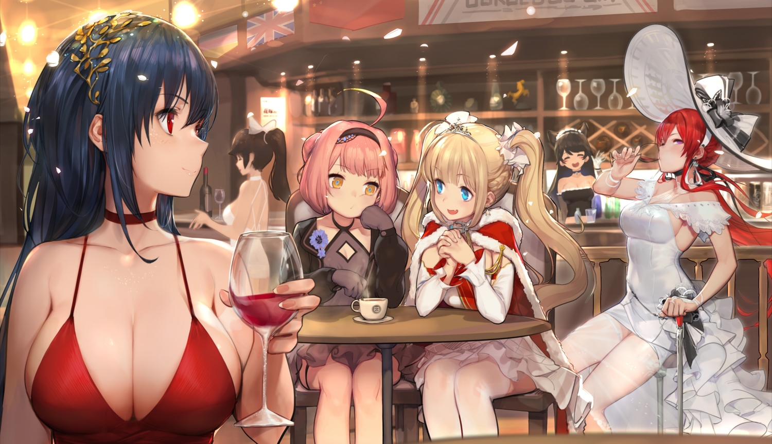 amazon_(azur_lane), animal_ears, anthropomorphism, aqua_eyes, atago_(azur_lane), azur_lane, blonde_hair, blue_hair, braids, breasts, brown_hair, cape, cleavage, doggirl, dress, drink, fang, gloves, gorgeous_mushroom, group, hat, headband, long_hair, monarch_(azur_lane), no_bra, ponytail, red_eyes, red_hair, see_through, short_hair, taihou_(azur_lane), takao_(azur_lane), thighhighs, tiara, twintails, u-81_(azur_lane), yellow_eyes