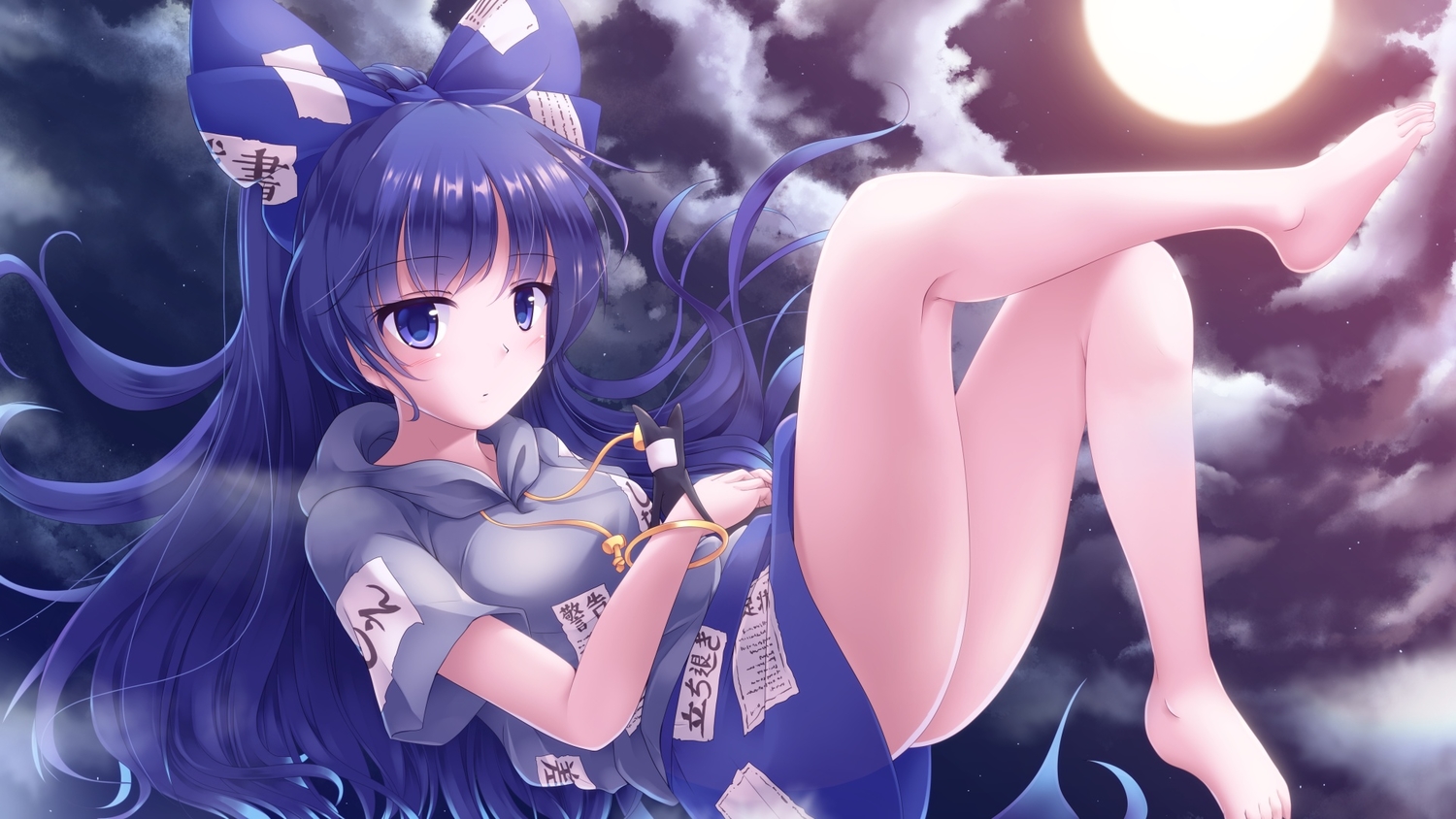 barefoot, blue_eyes, blue_hair, bow, hood, long_hair, lzh, nopan, ofuda, touhou, yorigami_shion