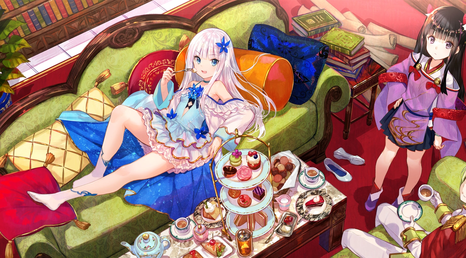 aqua_eyes, black_eyes, black_hair, book, bow, cake, candy, couch