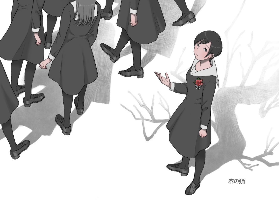 black_eyes, black_hair, dress, group, original, pantyhose, school_uniform, shokugyo, short_hair