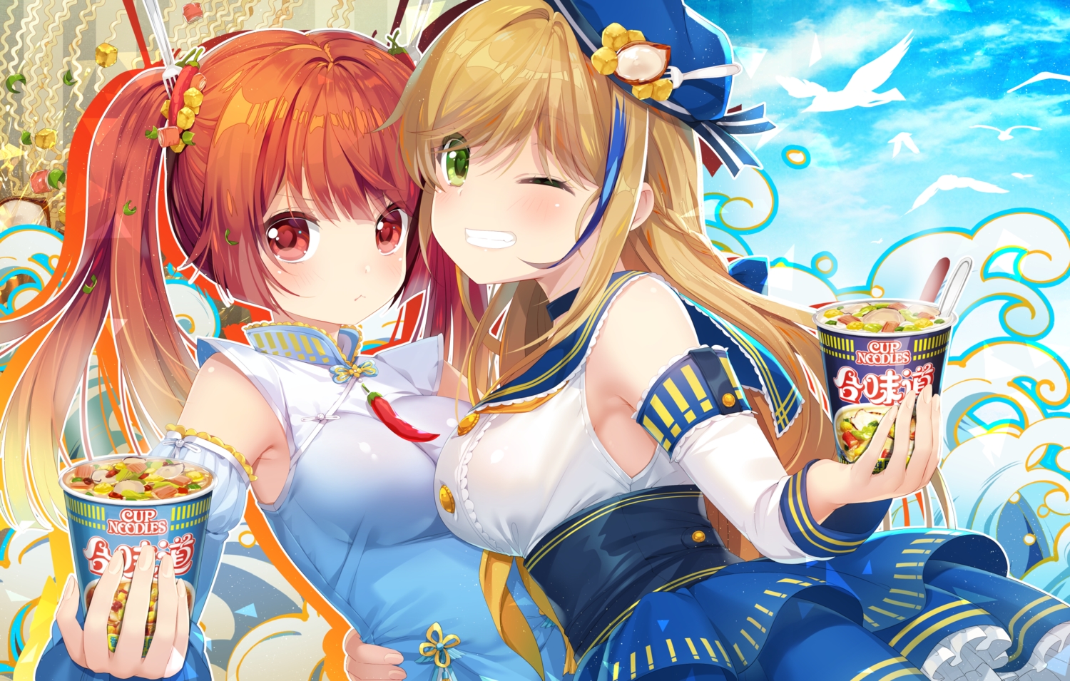 2girls, blonde_hair, blush, breasts, cat_smile, chinese_clothes, dress, food