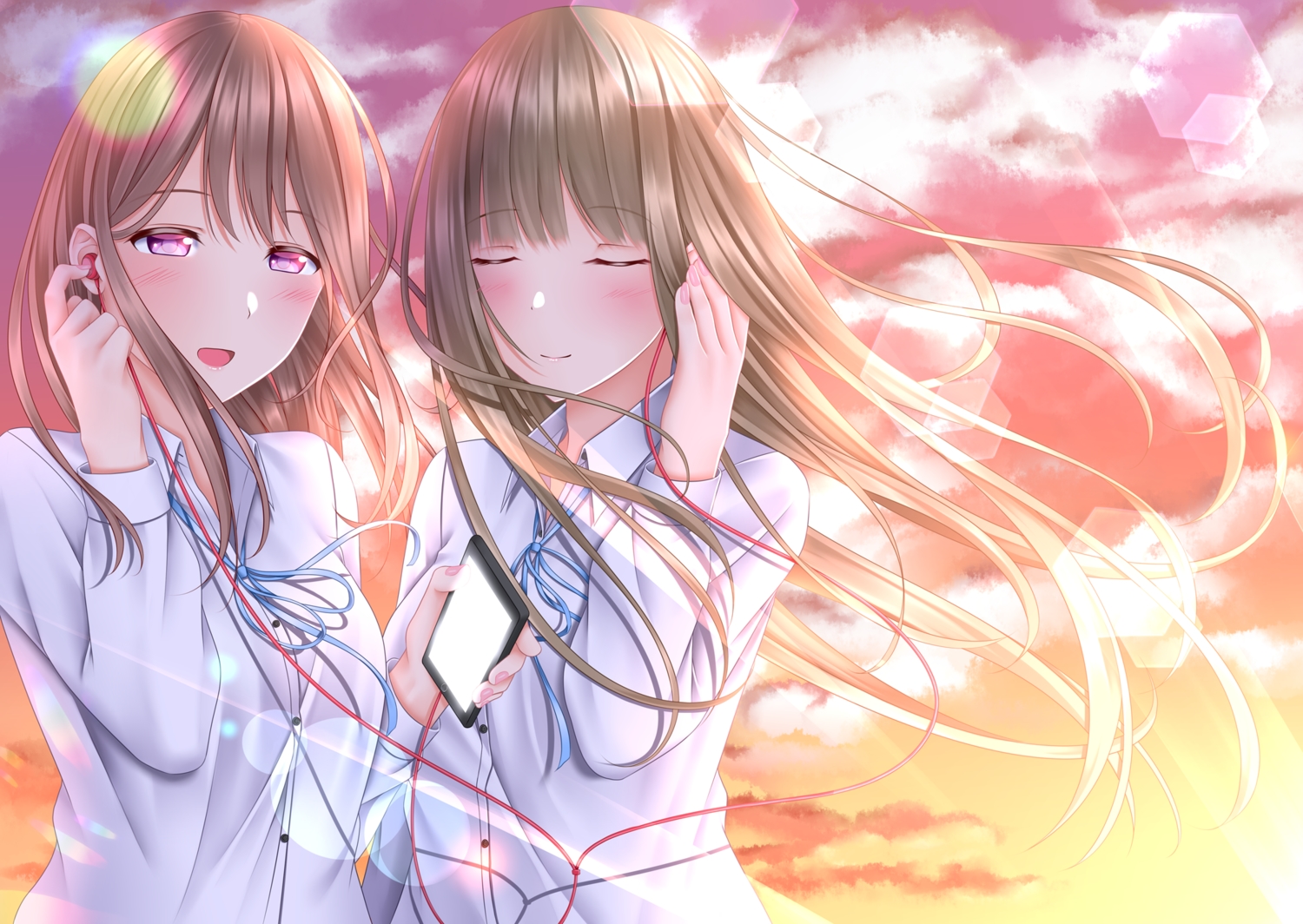 2girls, headphones, long_hair, naginagiwaffle, original, pink_eyes, sunset